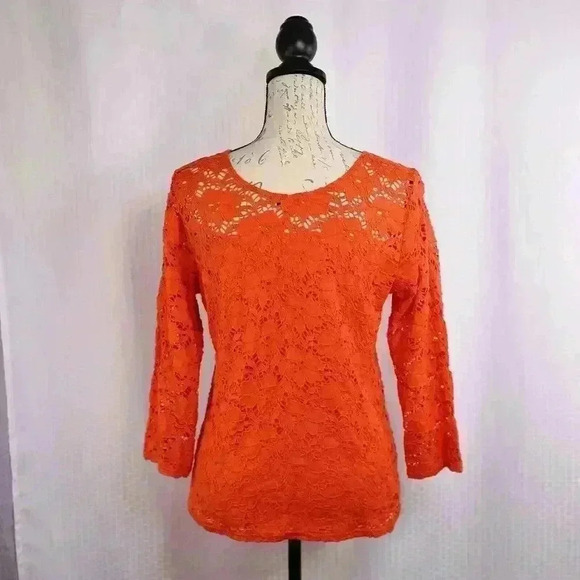 Women's Size L Peck & Peck Weekend Orange floral eyelet 3/4 sleeve top Vintage - Picture 6 of 11